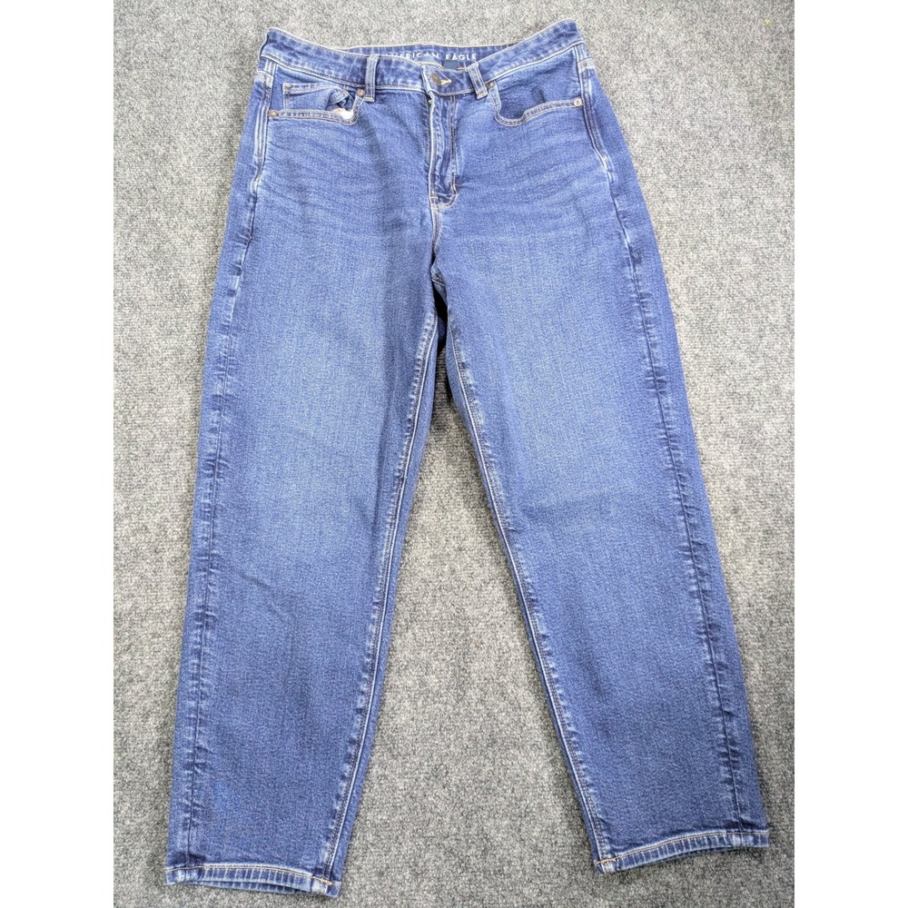 American Eagle Mom Jeans Women 12 Short Blue High Rise Stretch Tapered Leg